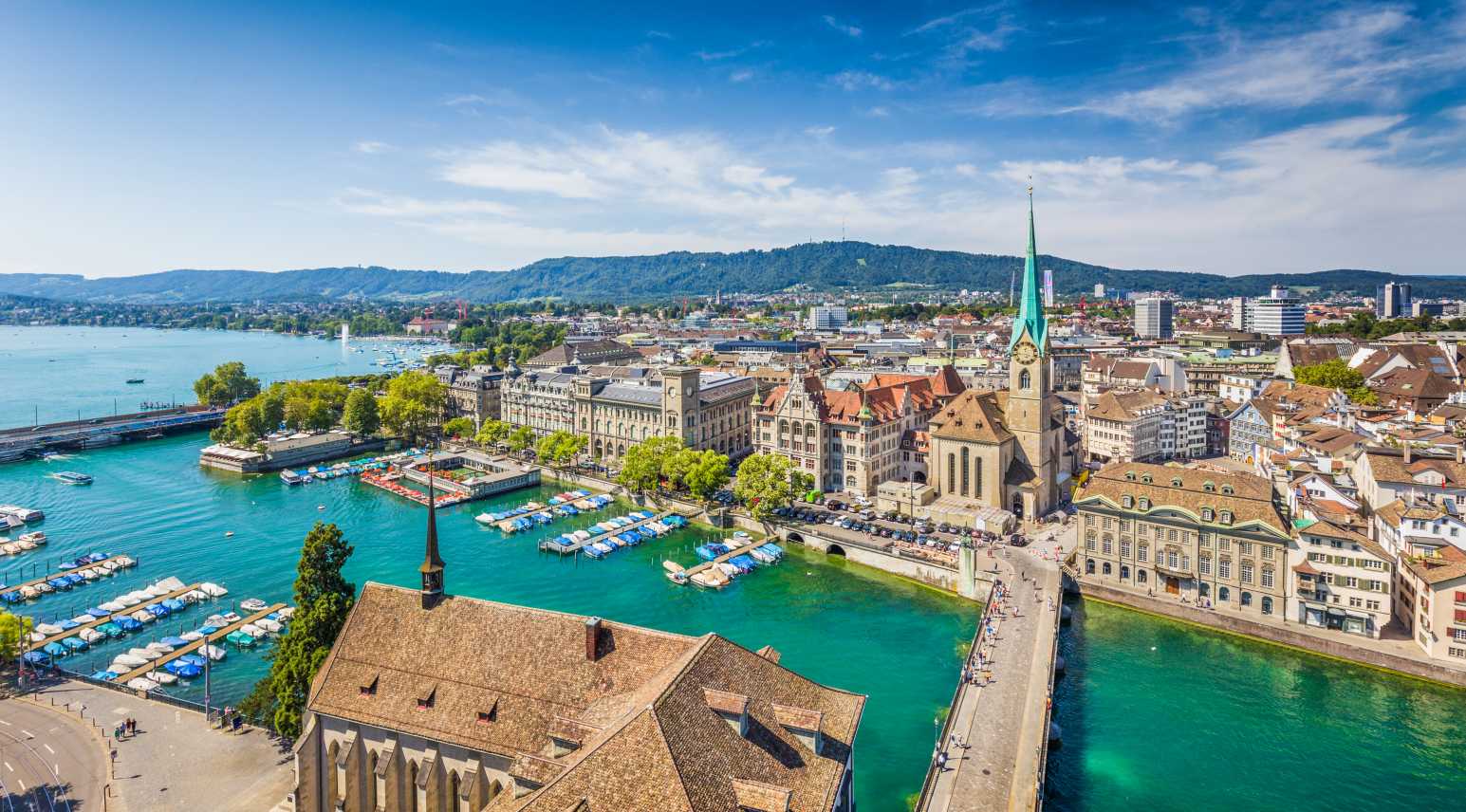Image of Zurich City showing canals and a church